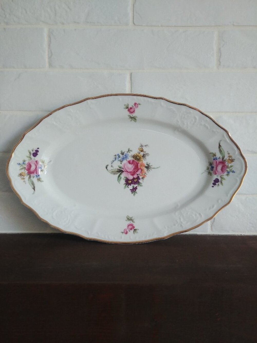 Bernadotte Sonata serving platter rose print gold trim Czechoslovakia